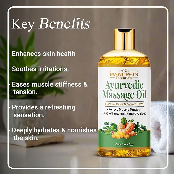 Ayurvedic Oil, Massage Oil with 6 Ancient Herbs with Clove, Almond, Lemongrass & Lavender Oils. Relieves Muscle Tensions, Calms Nerves, Soothes Senses. Organic & Natural - 10 Fl Oz