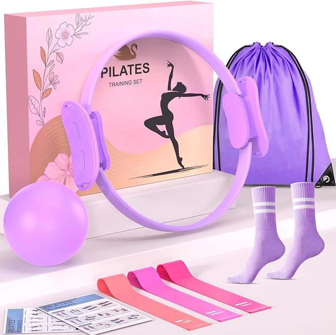 Pilates Ring Gift Set 15" Anti-Deformation Premium Magic Circle, 3 Resistance Bands, Yoga Ball & Anti-Slip Socks | Elegant Home Workout Kit for Women | Birthday/Anniversary Present