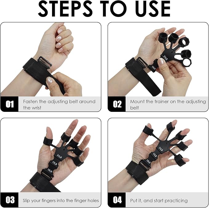 2PCS Grip Strength Trainer, Finger Exerciser, Double Sided Grip Strength Trainer for Rock Climbing and Hand Therapy, Adjustable Finger Extension Exerciser Builds Hand Strength for Relieve Pain(Black+Grey)