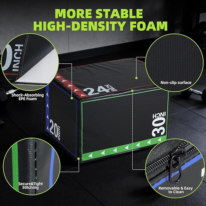 OLIXIS 3-in-1 Plyo Jumping Exercise Box Home Gym Workout Trainer, Non-Slip Multi-Use Cushioned Plyometric Jump Box for Conditioning, Strength Training