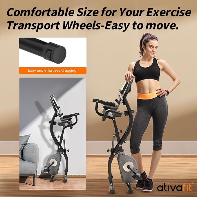 ATIVAFIT Exercise Bike Foldable Fitness Bike Magnetic Foldable Indoor Cycling Bike 3-In-1 Foldable Exercise Bike for Home Use with Resistance Bands Home Workout Exercise Equipment