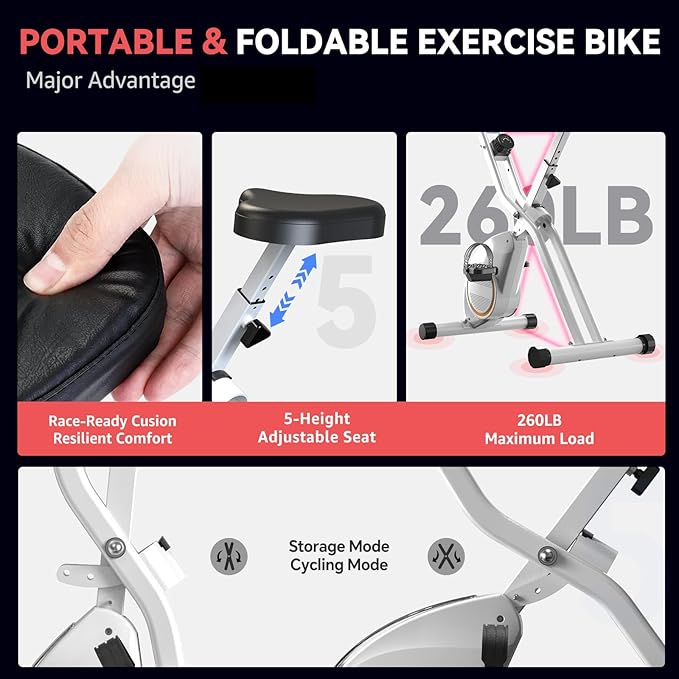 Foldable Exercise Bike for Small Apartments, Stationary Bikes for Home, Indoor Portable Cycling Bike with 16-Level Magnetic Resistance, 260LBS Capacity, 5.5 LBS Flywheel, for Small Space Workout 816