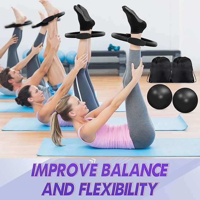 Poen 18 Pcs Home Pilates Ball and Ring Circle Set Yoga Fitness Essentials Kit with 5 Resistance Band Stretching Strap Non Slip Sock Ball Core Slider Wristband Headband Gym Bag for Women