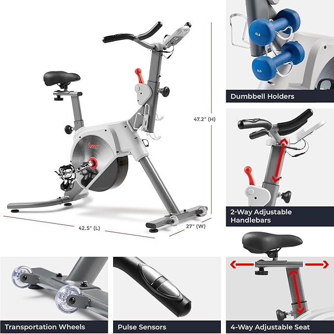 Sunny Health & Fitness Prime Magnetic Belt Drive Indoor Stationary Cycling Bike w/Free Exclusive SunnyFit App Bluetooth Connection – SF-B122061