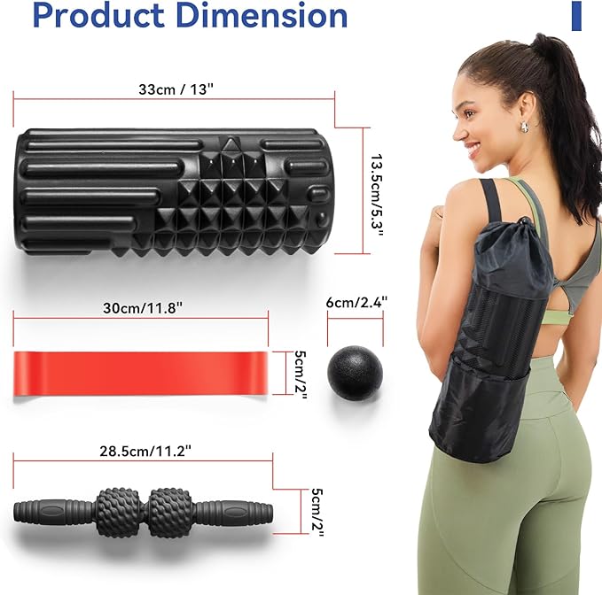 5 in 1 Foam Roller Set - Foam Roller for Legs, Muscle Roller Stick, Massage Ball, Resistance Band for Physical Therapy & Deep Tissue Muscle Massage (Black)