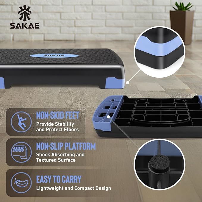 SAKAE Step Aerobics Platform Set with Dumbbells & Measuring Tape, Aerobic Steppers for Exercise at Home, Adjustable Height 2 Level Risers Workout Step Trainer with Non-Slip Surface, Multiple Colors