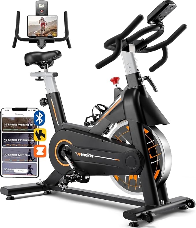 Exercise Bike, Wenoker Stationary Bike for Home App Sync Indoor Bike with Adjustable Seat and Multi-grips Handlebar, Transport Wheels and Fitness Courses for Weight Loss