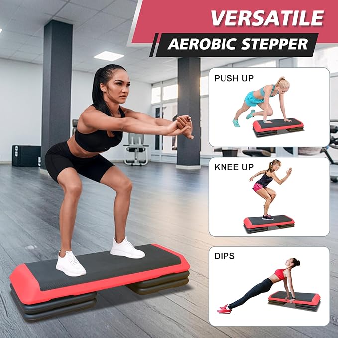 43''Inch Adjustable Aerobic Exercise Step Platform with 4 Stackable Risers - Home Gym Fitness Stepper for Cardio, Strength Training