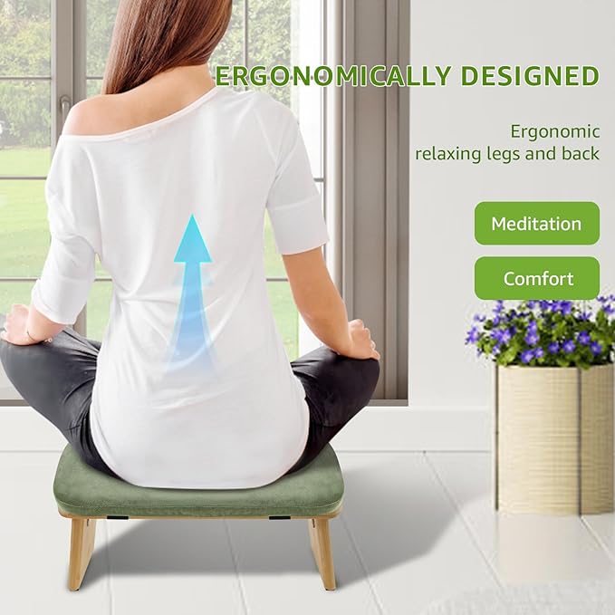 Meditation Ergonomic Bench, Yoga Prayer Meditation Bench with Soft Cushion, Yoga Bench Kneeling Stool Prayer Bench, Foldable Prayer Chair for Kneeling Sitting Prayer Extended Practice (Green)