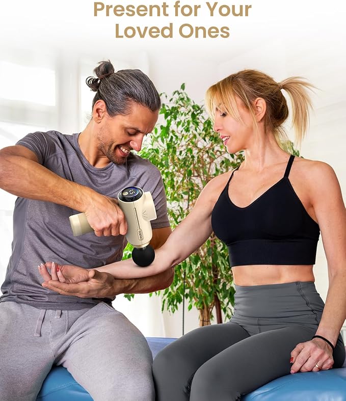 RENPHO Active Massage Gun, Deep Tissue Percussion Massager for Back and Neck, Portable Handheld Massager with 5 Speeds, 5 Attachments, Carry Case, Beige