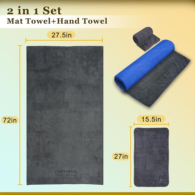 Yoga Mat Towel with Hand Towel, Extra Thick (600GSM) Soft Hot Yoga Towel, Non-Slip and Sweat Absorbent for Hot Yoga, Bikram, Pilates, and Fitness, 72" x 27.5", Dual-Color, Grey/Blue