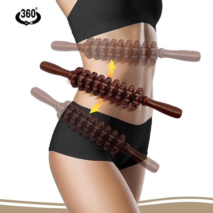 Wood Therapy Massage Roller Stick with Release Myofascial Trigger Points, Massager Tool for Cellulite Reduction, Muscle Tension and Lymphatic Drainage Physical Therapy Recover (Brown)