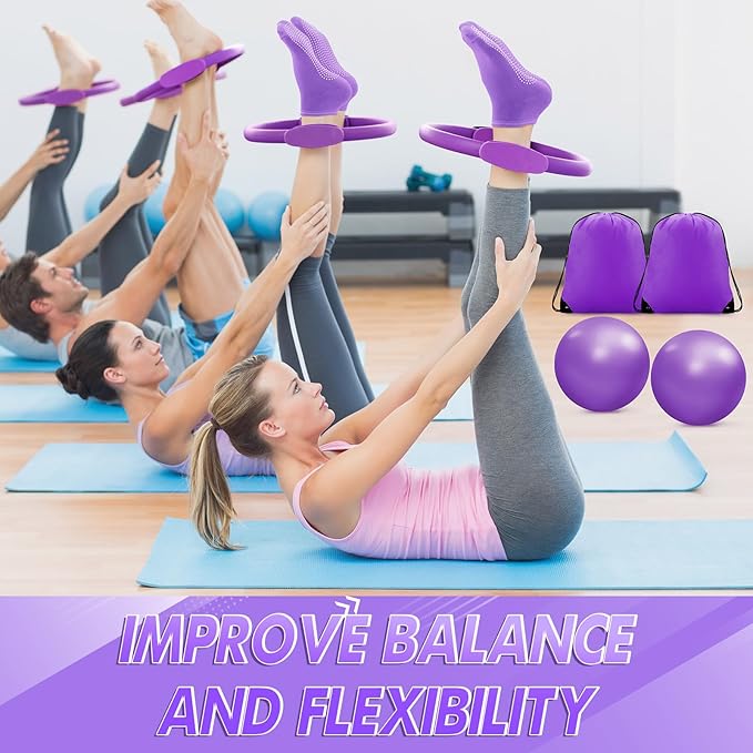 Poen 18 Pcs Home Pilates Ball and Ring Circle Set Yoga Fitness Essentials Kit with 5 Resistance Band Stretching Strap Non Slip Sock Ball Core Slider Wristband Headband Gym Bag for Women