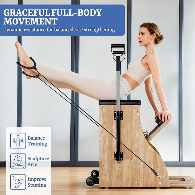 Pilates Chair Wunda Chair Pilates Combo Chair with Handles Split Pedals Reformer Machine for Yoga Core Training Rehabilitation Includes Non-Slip Socks (Wood Panel Bracket)