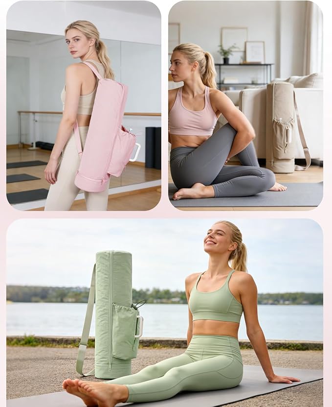 sportsnew Puffy Yoga Mat Bag Yoga Gym Bags for Women Men, Full-Zip Pilates Bag with Wet Pocket & Side Zip Drawstring Pocket Fits Tumblers with Handle, Yoga Mat Storage for Carrier Quick Access
