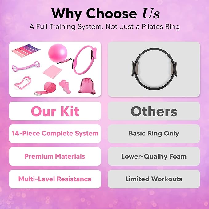 Pilates Ball and Ring Set for Women - 14-Piece At Home Pilates Kit with 12-Inch Magic Circle, 5 Resistance Bands, Home Workout Equipment for Full Body Training (Pink)