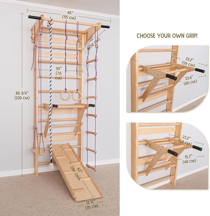 Swedish Ladder Wall Bars with Pull-Up Bar & Dip Station – Wooden Stall Bars, Multifunctional Home Gym Wall Ladder for Strength Training & Stretching