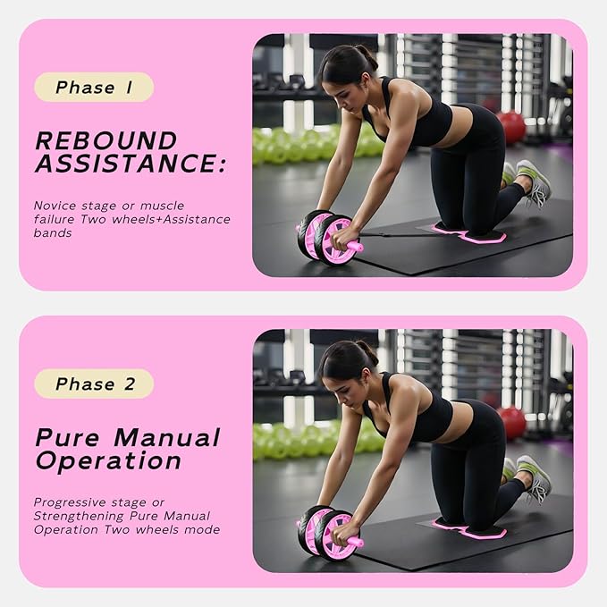 Double-Wheel Ab Roller for Core Training – Rebound Design with Adjustable Elastic Band, Silent Non-Slip Wheels, Detachable Build, Knee Pad & Bands – Home Gym Gear for Men/Women