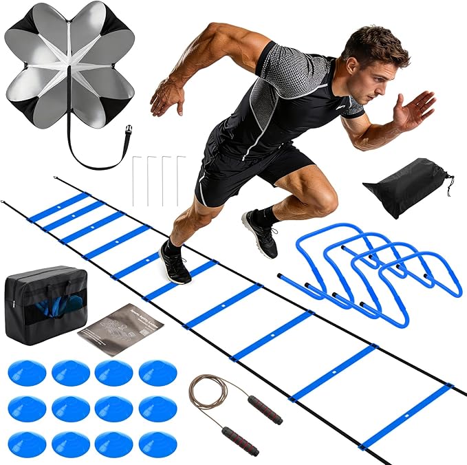 Agility Ladder Speed Training Equipment Set-20ft Ladder, 12 Cones, 4 Adjustable Hurdles, Jump Rope, Resistance Parachute| Basketball, Soccer, Football Practice Equipment for Youth, Adults