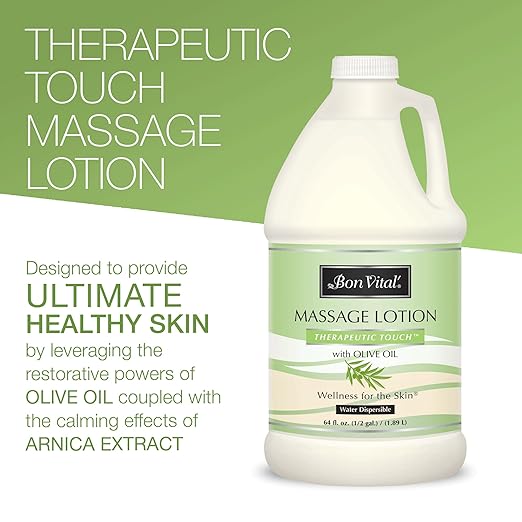 Bon Vital' Therapeutic Touch Massage Lotion, 1/2-Gallon, Olive Oil-Infused Moisturizing Lotion for Massage Therapy, Non-Greasy Skin Therapy for Clinics & Spas, Professional Grade, Unscented