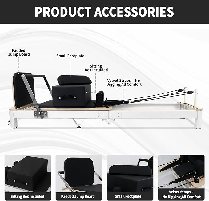 Professional Pilates Reformer Machine for Home – Full-Body Workout Reformer with Jumpboard, Box & Foot Straps – Smooth Glide System, Adjustable Resistance, Solid Wood Frame