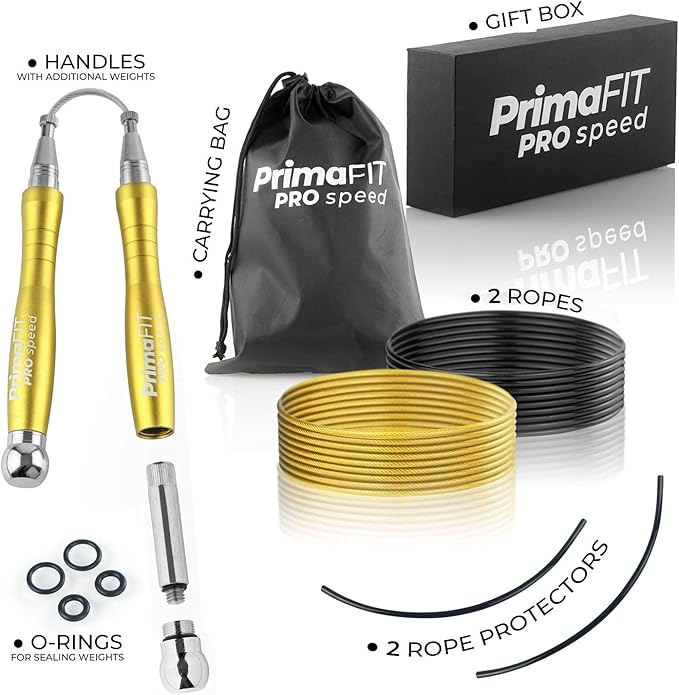 PrimaFIT Jump Rope Pro Speed Skipping Rope Adjustable Adult Jumping Rope Weighted Aluminium Handles for Double Dutch Boxing Workout Crossfit Exercise Fitness Spare Cable Weights Protectors Carry Bag