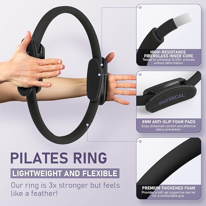 Pilates Ring, 15-Inch Magic Circle with Extra Thick Padded Handles, Pilates Equipment for Toning Inner Thighs, Arms and Strengthening Cores- Workout Guide Included