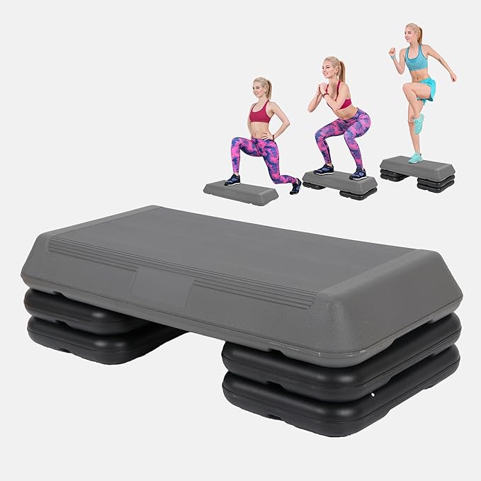 F2C 28.5" Aerobics Platform for Total Body Fitness 4" - 6" - 8" Height Adjustable with 4 Risers Home Workout Exercise Stepper Black/Gray