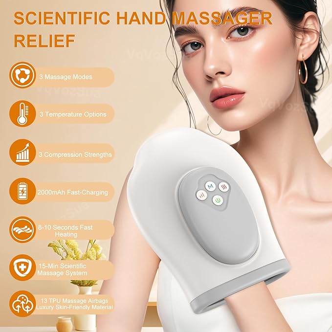 Full Hand Massager with Heat and Compression for Arthritis and Carpal Tunnel, Adjustable Hand Massage、 Temperatures、 Compression Models, Blood Circulation Pain Therapy Relax Relief Glove Gift