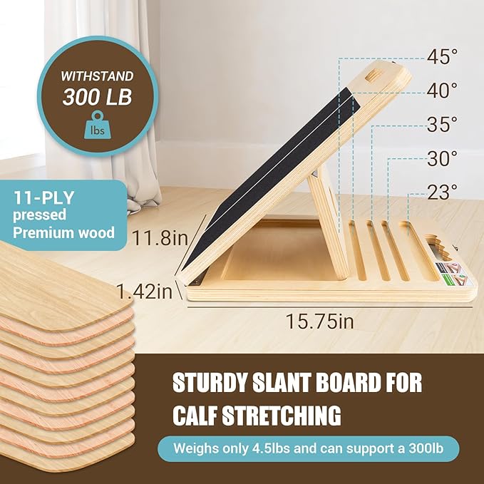 Slant Board for Calf Stretching, Adjustable Wooden Calf Stretch Board with Stretch Strap & Training Poster, 300 Lbs Weight Capacity Velour Board for Calf Ankle Achilles Physical Therapy Leg Exercisers