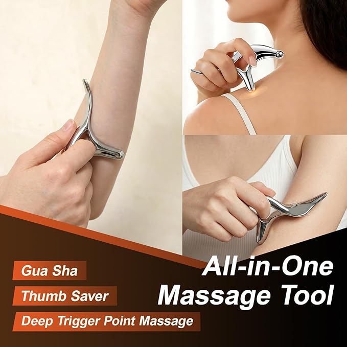 Pressure Point Massage Tool for Deep Tissue - Metal Muscle Scraper Gua Sha Tools for Fascia Release, Thumb Saver Acupressure Tool for Trigger Point & Pain Relief, Travel Pouch