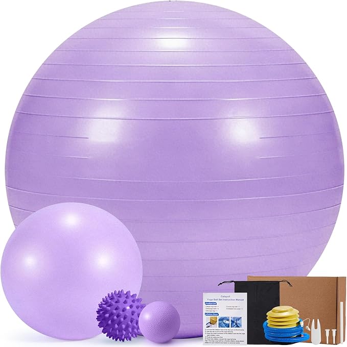 4Pcs Yoga Ball Set includes Large and 9in Pilates Balls, Massage & Spiky Ball for Fitness ,Anti-Burst Exercise Ball with Pumb for Pregnancy,Physical Therapy,Office Chair, Home Workout,3Sizes,3Colors