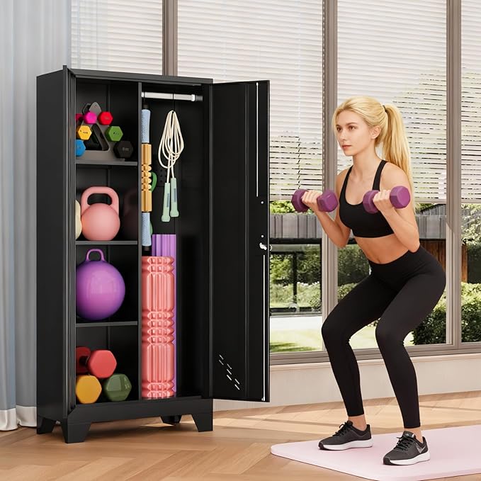 61IN Dumbbell Rack Cabinet, Weight Rack for Dumbbells, Home Gym Storage Cabinet for Kettlebells Yoga Mat and Balls, Workout Equipment Storage Organizer with Doors