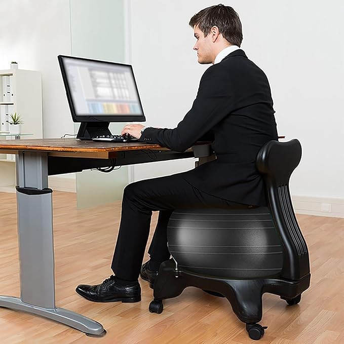 Active Sitting Exercise Ball Chair, Adjustable Posture Ball for Desk/Heavy Duty Pilates Ball for Chair Back with Rolling Wheel, Protection Legs/Spine Sensory Ball Chairs(Black)