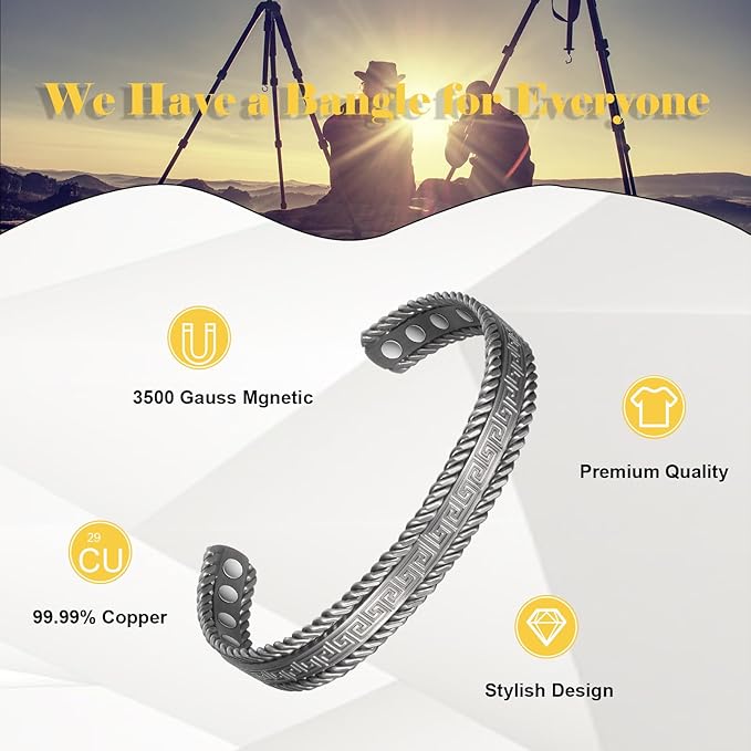 Copper Bracelets for Men Women,6.69in Pure Copper Adjustable Retro Fashion Silver Magnetic Bracelet, Magnetic Jewelry Present(2047s)
