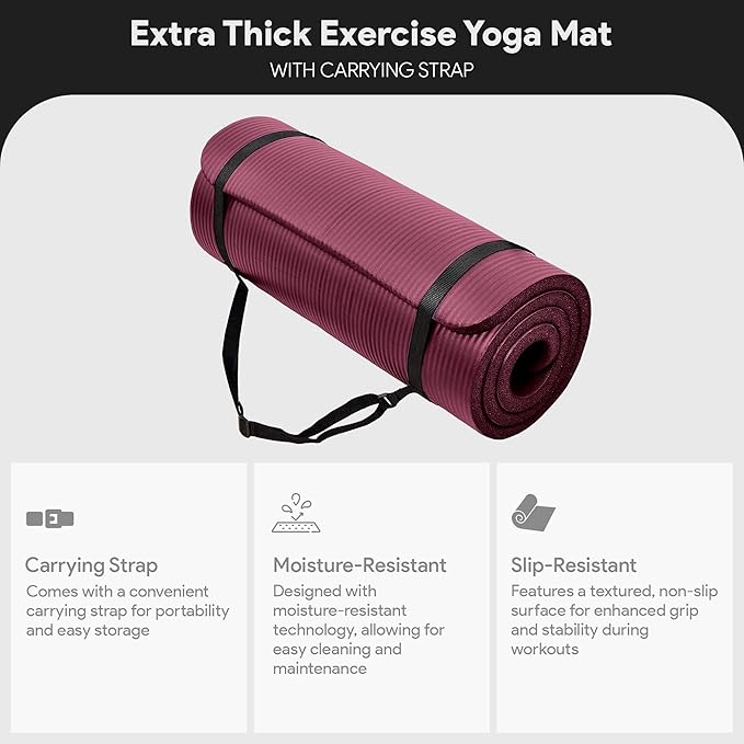 BalanceFrom 71x24 Inches Extra Thick Yoga Mat 1-Inch High-Density Foam – Roll-Up Exercise Pad with Double-Sided Non-Slip Surface and Carrying Strap for Pilates and Home Workouts, Multiple Colors