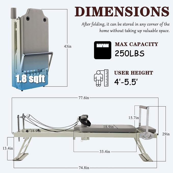 Pilates Reformer Machine，Grey Foldable Pilates Reformer Equipment Home Indoor Workout Machine，for Home Gym Cardio Fitness Personal Indoor Sport Apparatus