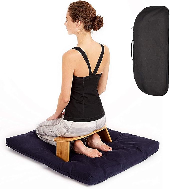 Bamboo Kneeling Meditation Bench, Locking Hinges & Free Black Canvas Carry Bag, Folding Portable Design for Outdoor use & Travel