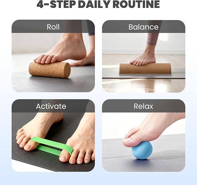4-in-1 Cork Balance Board for Foot & Ankle Strength – Dual Half-Cylinder Trainer with Roller & Massage Ball – Non-Slip Natural Cork Stability Board for Mobility, Balance & Home Rehab Exercises