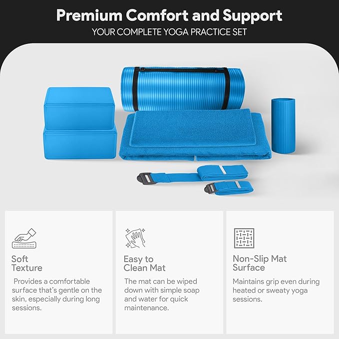 BalanceFrom 7-Piece Yoga Set with 71x24x1 Inches Extra Thick Mat and Carrying Sling – Includes 2 Blocks, Stretch Strap, 2 Towels, and Knee Pad for Home, Studio, and Gym Workouts