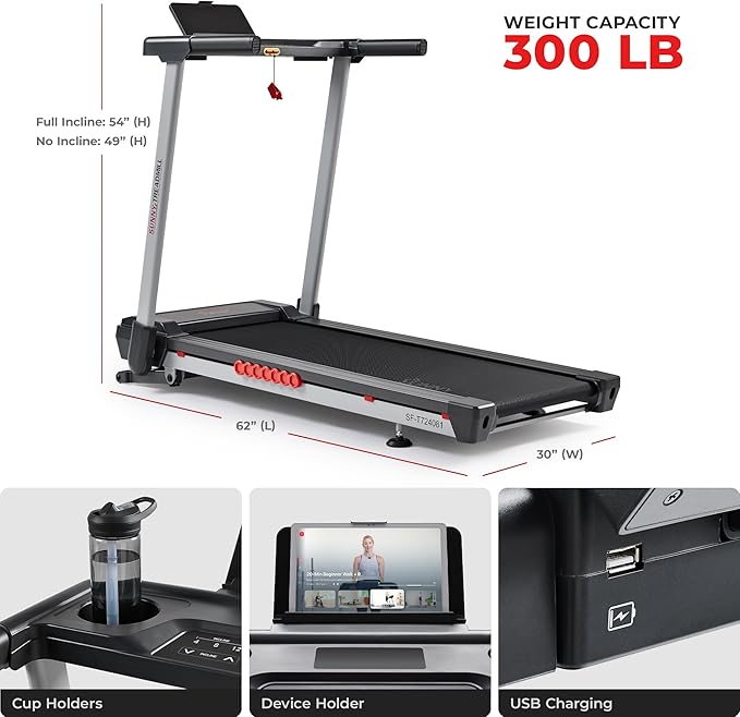 Sunny Health & Fitness Premium Smart Treadmill with Auto Incline, Dedicated Speed Buttons, Digital Performance Display