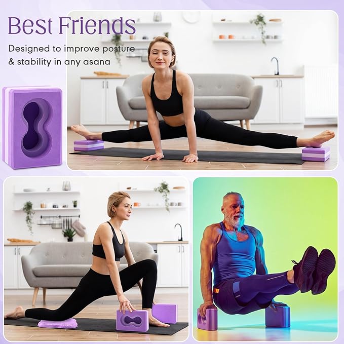 2 Pack Yoga Blocks Wrist Support Yoga Blocks with Knee Pads and Strap to Put Less Weight on Wrist Improve Comfort and Grip, EVA Foam Pilates Exercise Balance Stretching Accessories