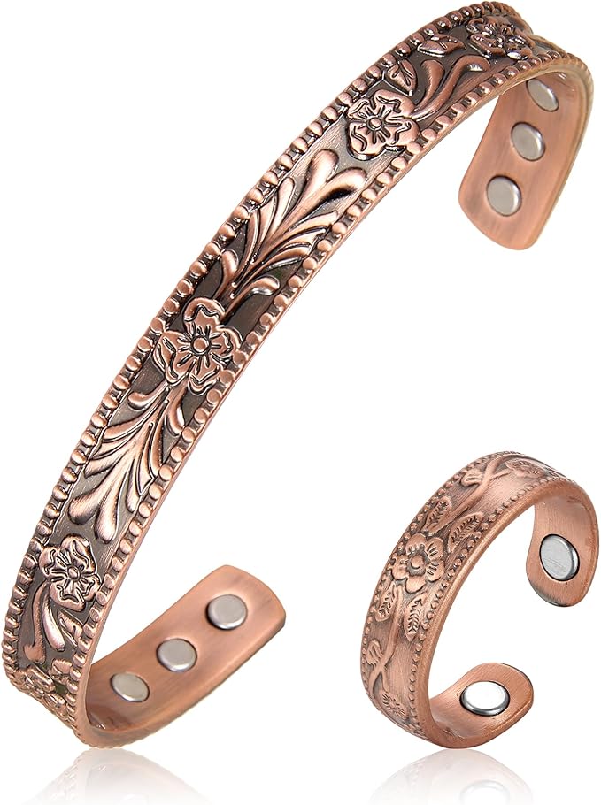 BioMag 99.99% Pure Copper Bracelet&Ring for Men and Women, Adjustable Magnetic Bracelet & Ring with 3500 Gauss Magnets, Vintage Flower Design, Jewelry Christmas Gift