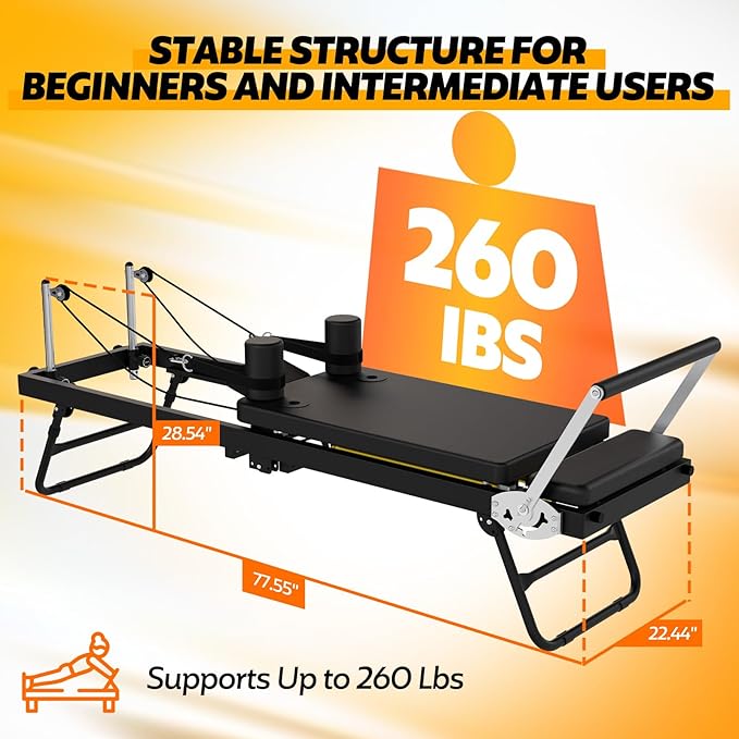 Foldable Pilates Reformer Machine, Portable Pilates Reformer Equpment with Latex Tubes & Springs for Home Workout, Easy Storage and Movement, Maximum Load 400 LBS