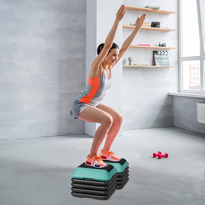 16 Inch Adjustable Aerobic Stepper Platform with 4 Risers - High Exercise Step Workout Bench for Home Gym Fitness Training, 4"-12'' Height Options