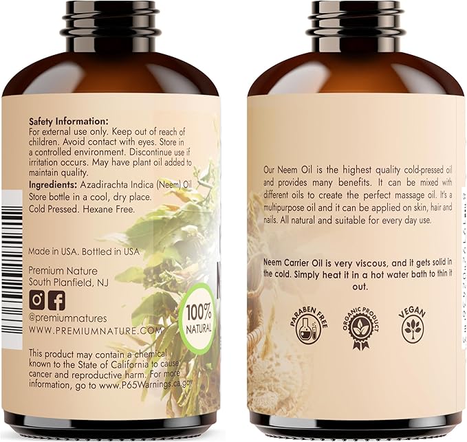 Organic Neem Oil for Skin and for Hair 100% Pure Cold Pressed Neem Oil for Essential Oil Mixing Massage Oils Nem Oils Spray for Indoor Plants 4 oz