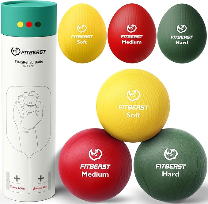FitBeast Stress Balls for Adults, 6-Pack Hand Therapy Balls, Soft, Medium, Hard Tri-Density, Green, Orange, Blue