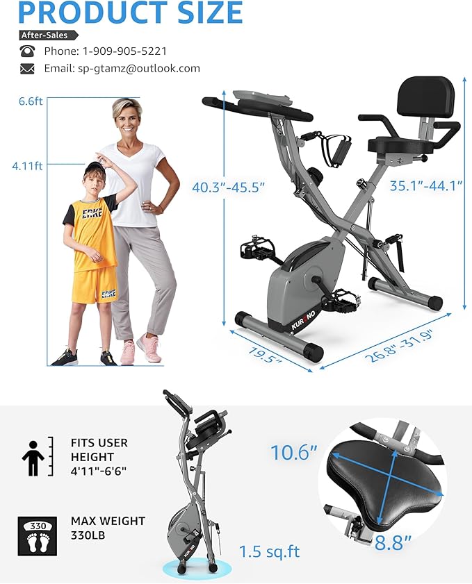 Indoor Exercise Bike for Seniors, 5 IN 1 Foldable Stationary Bike with 16-Level Magnetic Resistance and Tri-Position Ride, 330LBS Capacity, 6.6 LBS Flywheel, for Home Workout 818 Gray