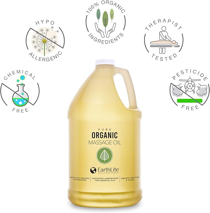 EARTHLITE Pure Organic Massage Oil - Chemical Free, 100% Certified Organic, High Quality for Therapists & Clients, Unscented, 8 oz