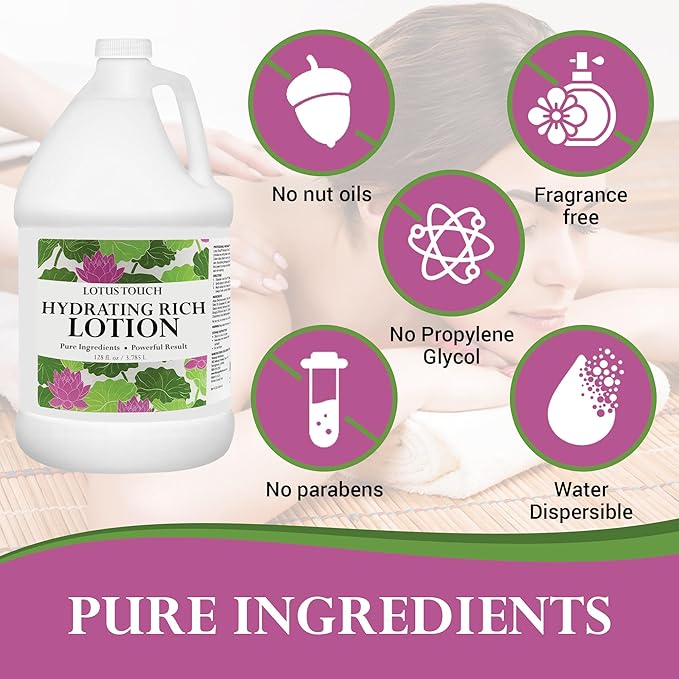 Lotus Touch Hydrating Rich Massage Lotion 100% Pure Jojoba & Coconut Oils plus Herbal Extracts - Unscented - Max Glide, Rich Workability Without Stickiness - Deep Tissue Massage - 1 Gallon